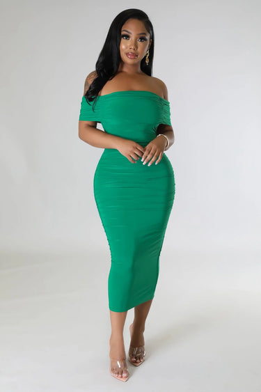 Sincerely Yours Ruched Green Dress close up detail of ruched design