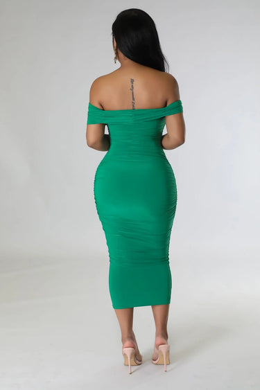 Sincerely Yours Ruched Green Dress showing sophisticated detailing
