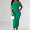 Sincerely Yours Ruched Green Dress front view showing full midi length silhouette