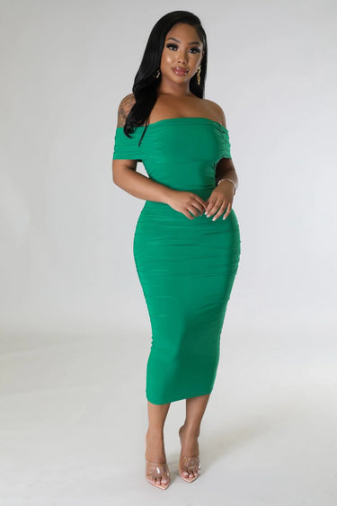Sincerely Yours Ruched Green Dress side view highlighting midi hemline