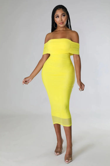 Women's Yellow midi dress ruched style back view
