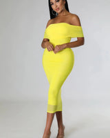 Sincerely Yours Ruched  Yellow Dress front view showing full midi length silhouette