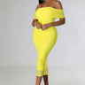 Sincerely Yours Ruched  Yellow Dress front view showing full midi length silhouette