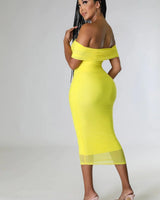 Sincerely Yours Ruched  Yellow Dress side view highlighting midi hemline