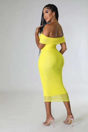 Sincerely Yours Ruched  Yellow Dress side view highlighting midi hemline