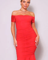 Sirena Mermaid Midi Dress Off Shoulder Ruched Design front view showing full midi length silhouette