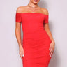 Sirena Mermaid Midi Dress Off Shoulder Ruched Design front view showing full midi length silhouette