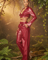 Sleek Edge Faux Leather Wrap Jacket Set - Burgundy - trendy layering piece for women