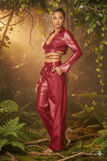 Sleek Edge Faux Leather Wrap Jacket Set - Burgundy - trendy layering piece for women