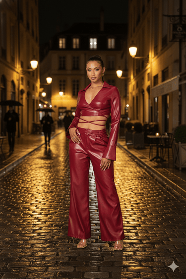 Sleek Edge Faux Leather Wrap Jacket Set - Burgundy - Palazzo Couture Online