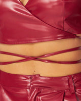 Sleek Edge Faux Leather Wrap Jacket Set - Burgundy - Palazzo Couture Online