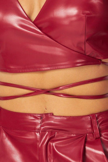 Sleek Edge Faux Leather Wrap Jacket Set - Burgundy - Palazzo Couture Online