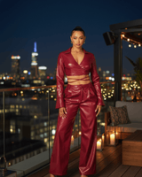 Sleek Edge Faux Leather Wrap Jacket Set - Burgundy - Palazzo Couture Online