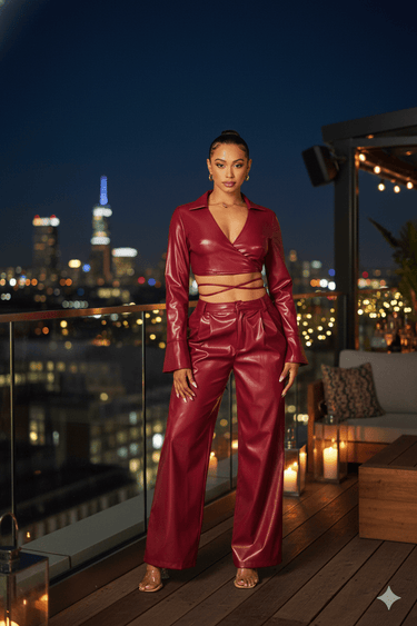 Sleek Edge Faux Leather Wrap Jacket Set - Burgundy - Palazzo Couture Online
