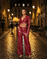 Sleek Edge Faux Leather Wrap Jacket Set - Burgundy - women's fashion jacket