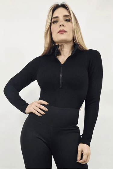 Sleek Ribbed High - Neck Bodysuit (Black) - Palazzo Couture Online