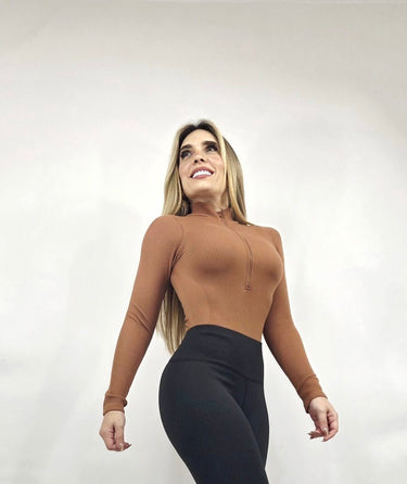 Sleek Ribbed High - Neck Bodysuit (Gingerbread) - Palazzo Couture Online