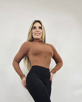 Sleek Ribbed High - Neck Bodysuit (Gingerbread) - Palazzo Couture Online