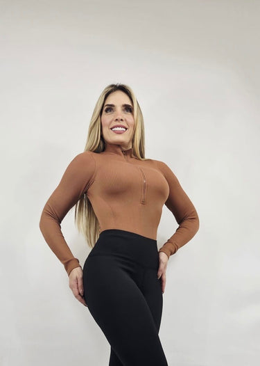 Sleek Ribbed High - Neck Bodysuit (Gingerbread) - Palazzo Couture Online