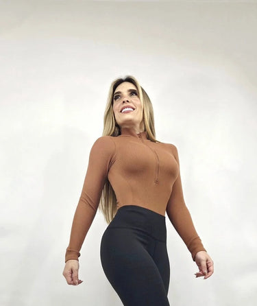 Sleek Ribbed High-Neck Bodysuit (Gingerbread) close up of ribbed fabric and design detail