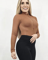 Sleek Ribbed High-Neck Bodysuit (Gingerbread) front view showing bodysuit silhouette and fit