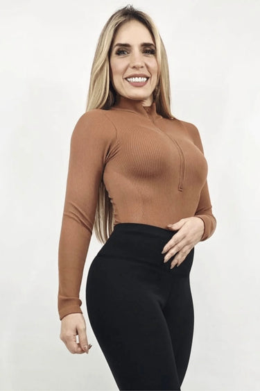 Sleek Ribbed High-Neck Bodysuit (Gingerbread) front view showing bodysuit silhouette and fit