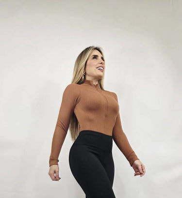 Sleek Ribbed High-Neck Bodysuit (Gingerbread) side view showing seamless bodysuit fit