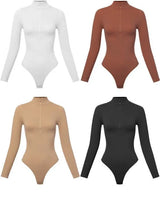 Sleek Ribbed High-Neck Bodysuit (Gingerbread) full body look paired with pants and heels