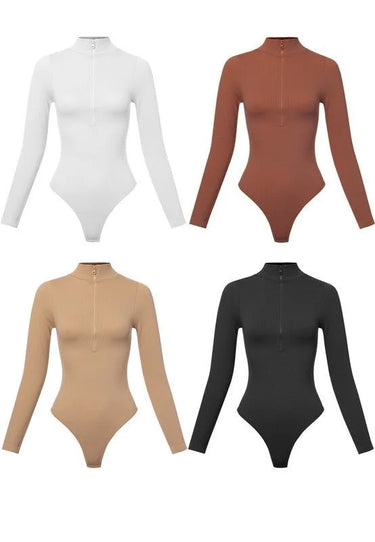 Sleek Ribbed High-Neck Bodysuit (Gingerbread) full body look paired with pants and heels