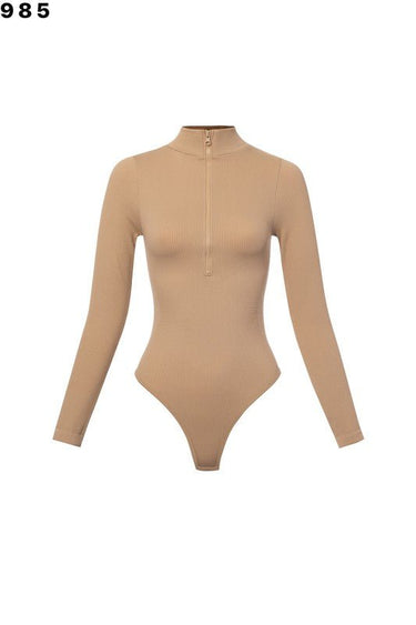 Sleek Ribbed High - Neck Bodysuit (M. Nude) - Palazzo Couture Online