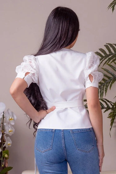 Sleeve Lace Sweetheart Neckline Wrap Around Top - chic top by Palazzo Couture