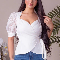 Sleeve Lace Sweetheart Neckline Wrap Around Top for women - top by Palazzo Couture