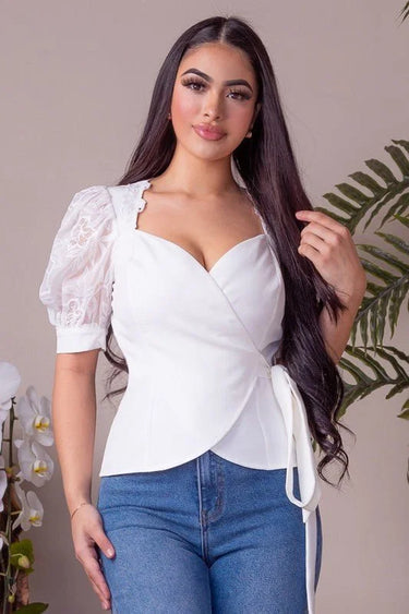 Sleeve Lace Sweetheart Neckline Wrap Around Top for women - top by Palazzo Couture