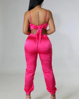 Smooth Moments Fuchsia Pant Set with Satin Crop Top side view showing pants silhouette and fit