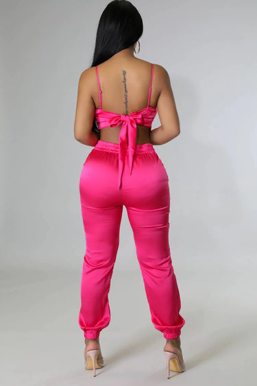 Smooth Moments Fuchsia Pant Set with Satin Crop Top side view showing pants silhouette and fit