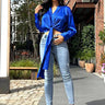 So Lovable Royal Blue Top with Satin Finish and Tie Front front view showing long sleeve design