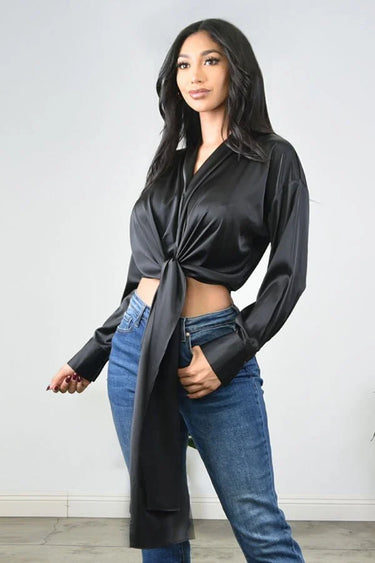 So Lovable Top (Black) close up of elegant fabric and sleeve detail