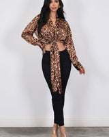 Leopard satin crop top with self-tie front and collar