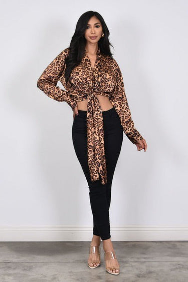 Leopard satin crop top with self-tie front and collar