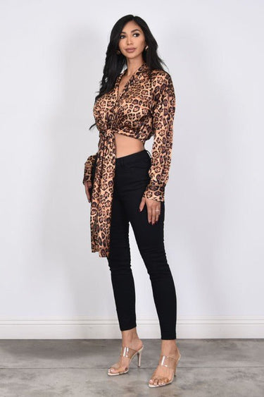 Satin crop top in leopard print with V-neckline