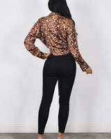 Long sleeve leopard satin top with adjustable tie