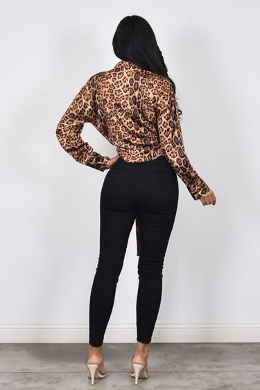 Long sleeve leopard satin top with adjustable tie