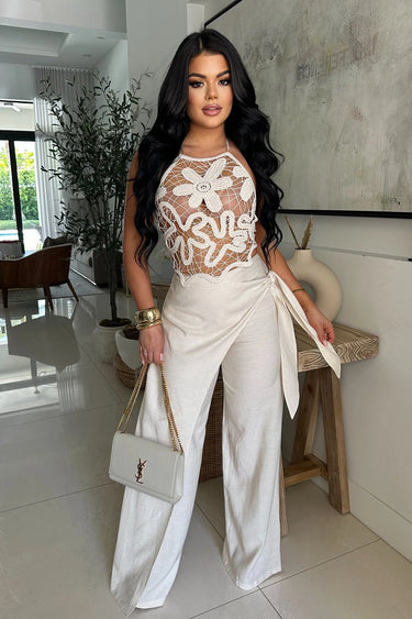 Soléa Bloom Floral Crochet Pant Set – Nude front view showing complete two piece pant set