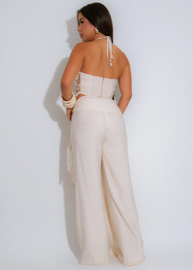 Soléa Bloom Floral Crochet Pant Set – Nude side view showing pants silhouette and fit