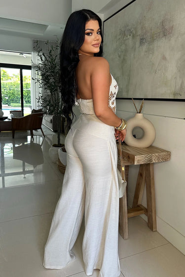 Elegant Nude crochet two piece pant set styled for going out