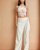 Soléa Bloom Floral Crochet Pant Set – Nude close up of crochet top design and fabric detail