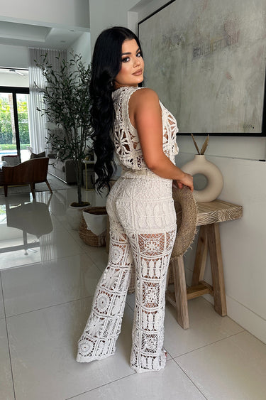 Solstice Bloom Crochet Pant Set - Natural - Palazzo Couture Online