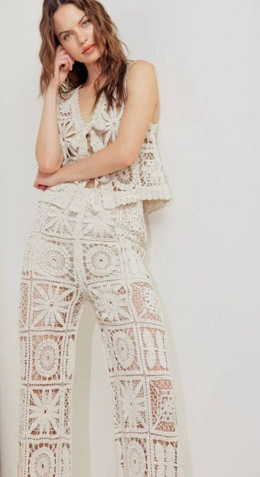 Solstice Bloom Crochet Pant Set - Natural - Palazzo Couture Online