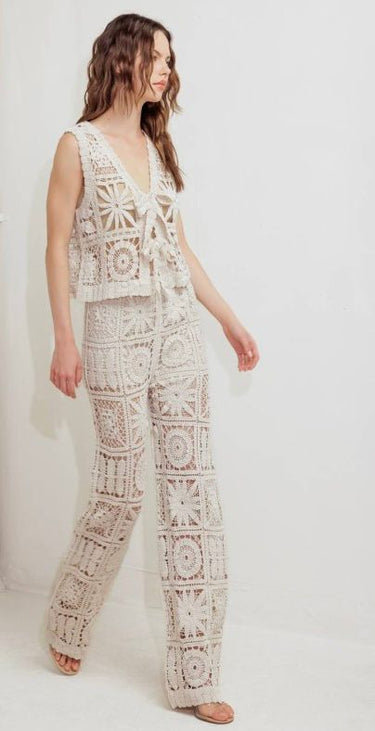 Solstice Bloom Crochet Pant Set - Natural - Palazzo Couture Online