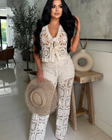 Solstice Bloom Crochet Pant Set - Natural - Palazzo Couture Online